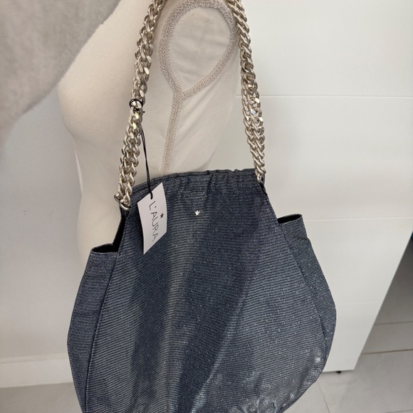 L'AURA Denim Striped Sparkle Miami Shoulder Bag Chain Strap NWT Large Bag - Picture 1 of 8